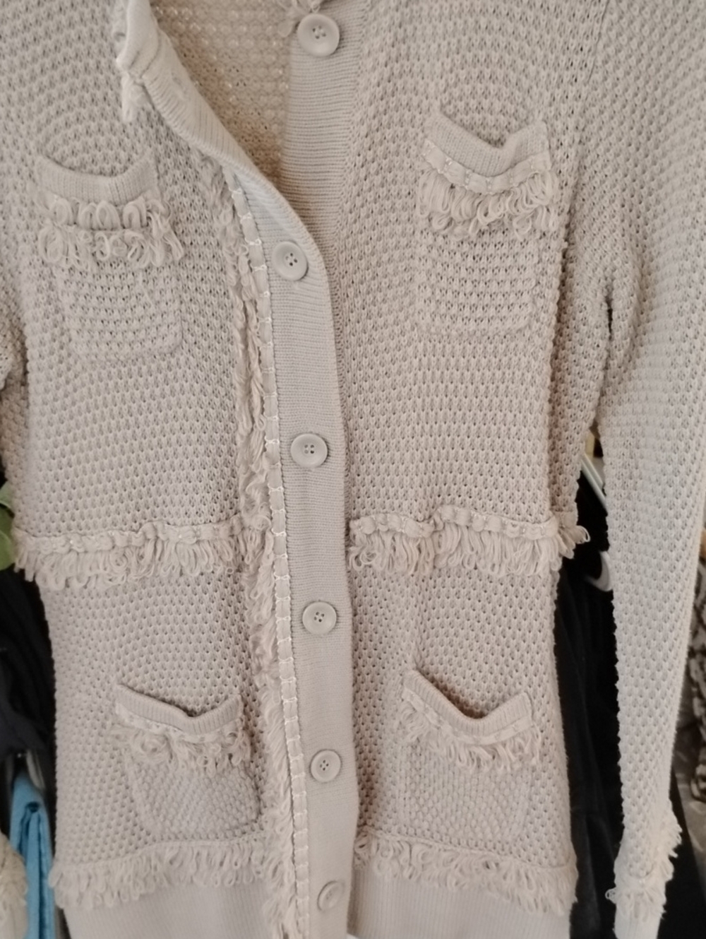 Neutral Beige Fringe-Trim Knit Cardigan Jacket - Picture 5 of 9